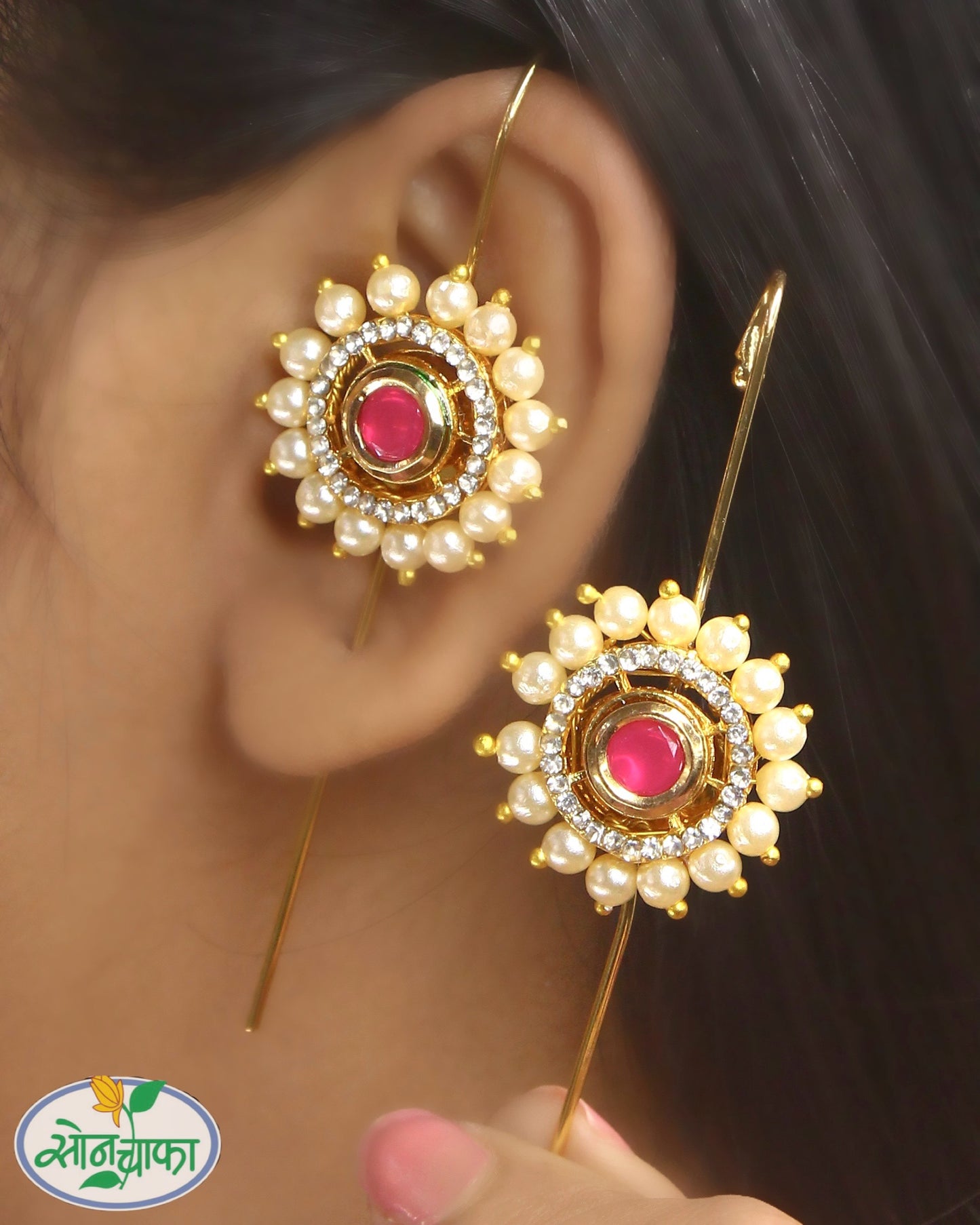 SHIMMERING PINK STONE EAR-CUFFS