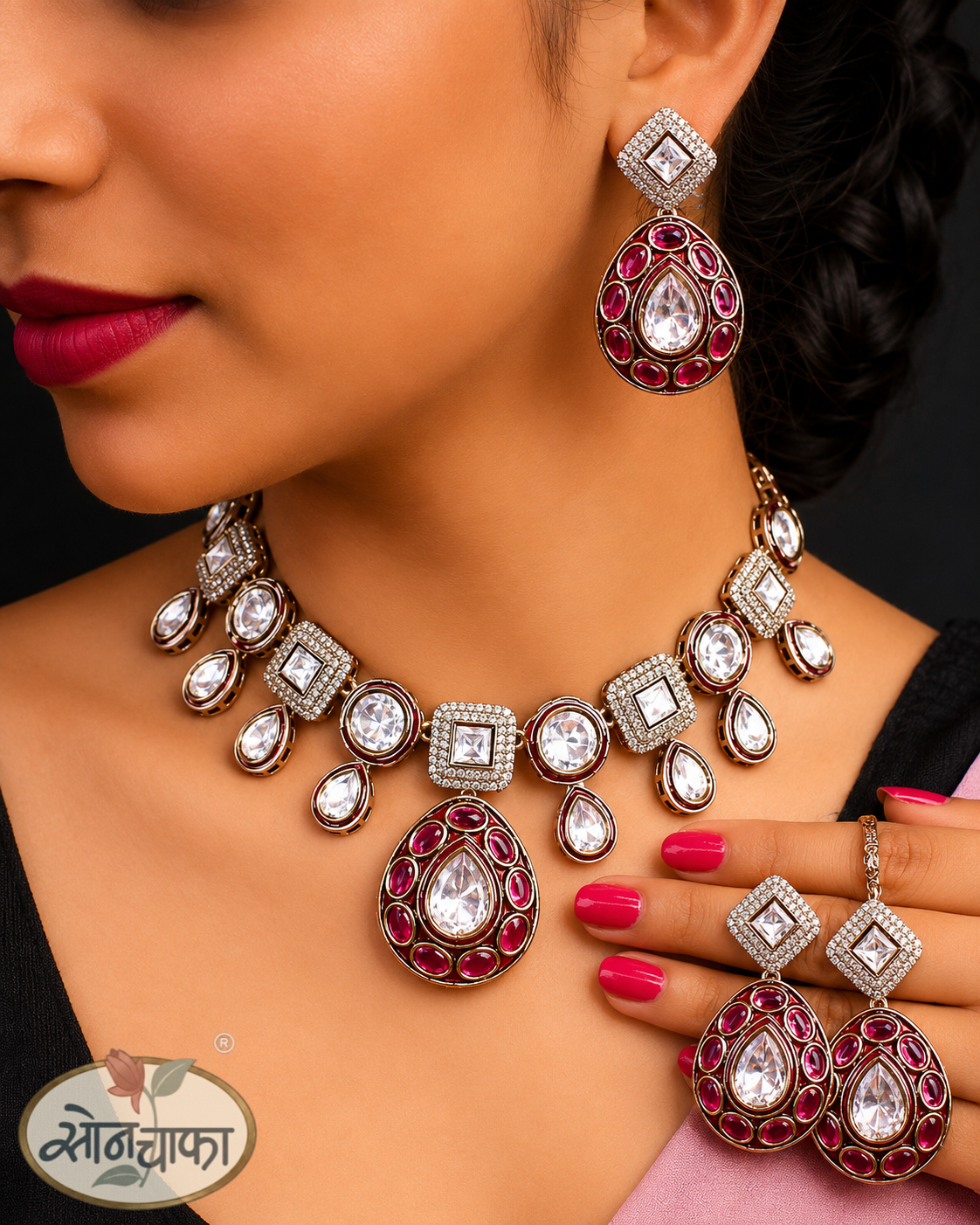 DROPLET PINK WHITE STONE NECKLACE