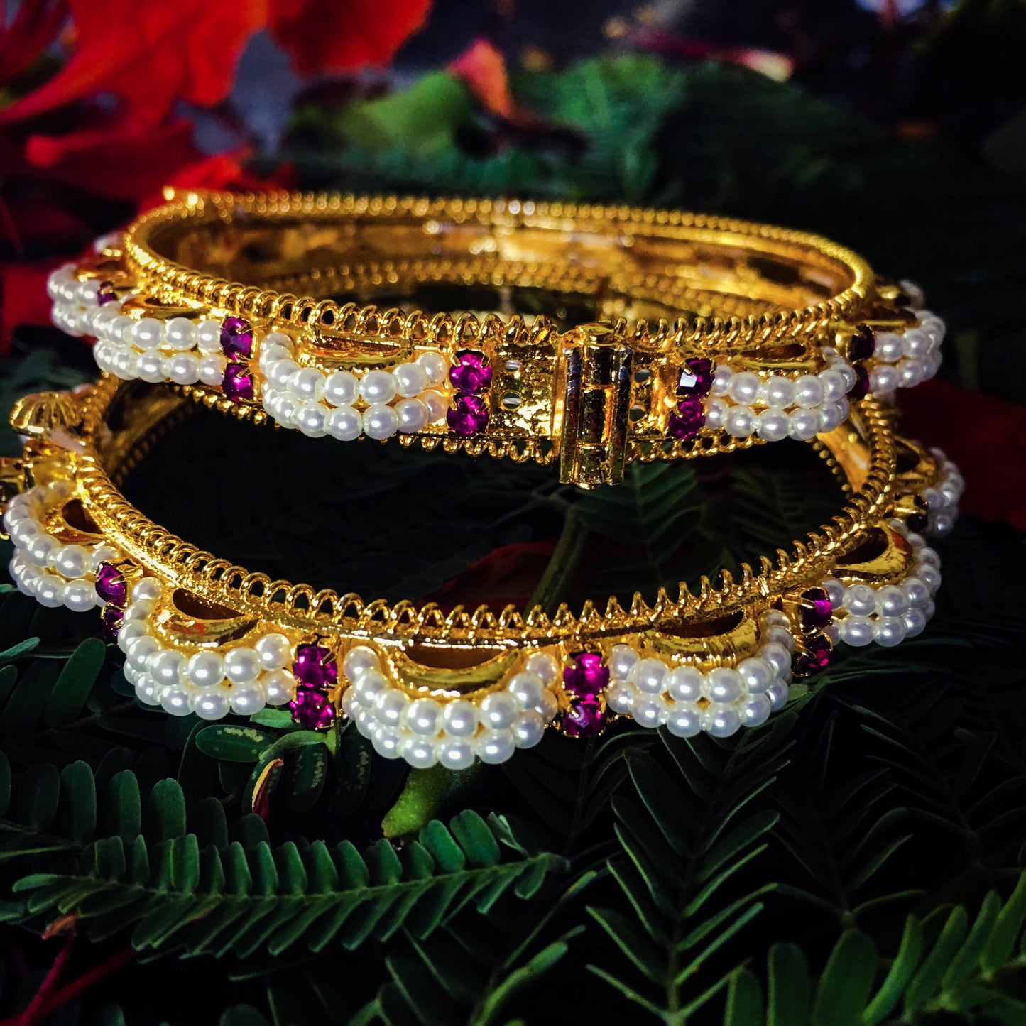 PINK STONE WITH PEARL BEADS BANGLES