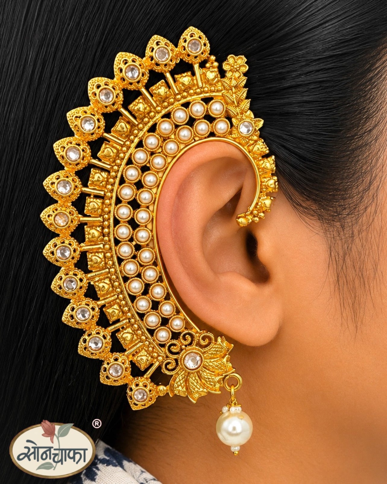 LEAF WITH FLORAL ANTIQUE EAR-CUFF