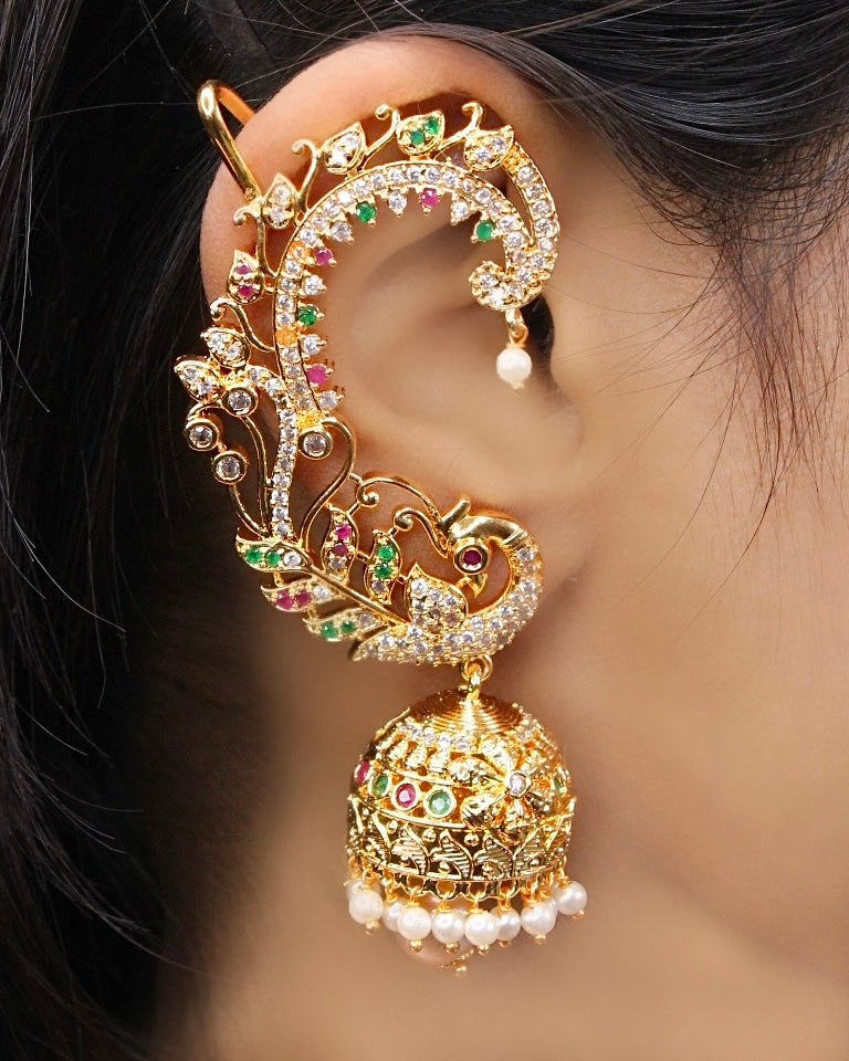 VAMA Matte Gold Plated Antique Peacock Jewellery Full Ear Cuff Karnphool Jhumka  Earring For Women stylish