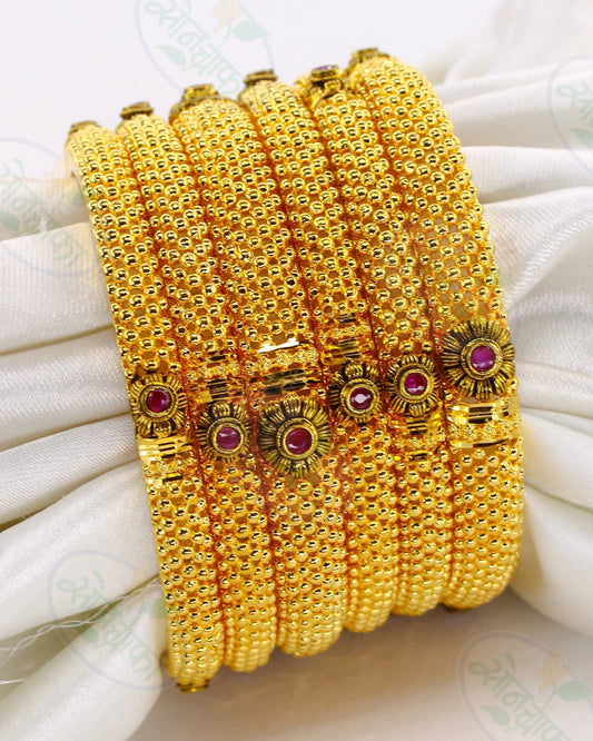 PINK STONE WITH GOLDEN BEADS BANGLES