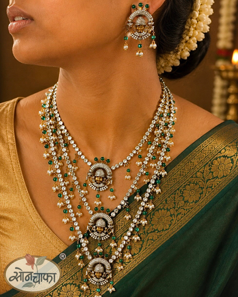 WEDDING WEAR GREEN WHITE STONE NECKLACE