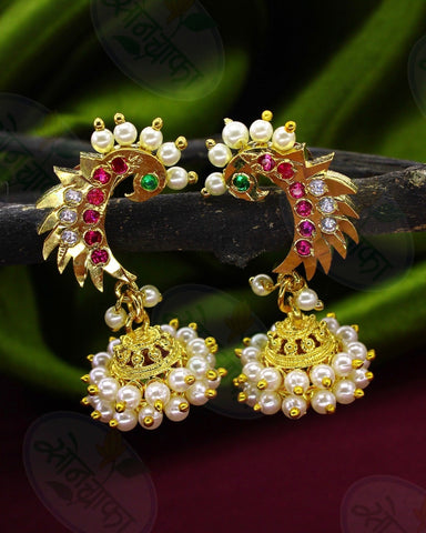 Traditional Maharashtrian Gold Plated Moti Jhumka VSJ006 - Vivah Special