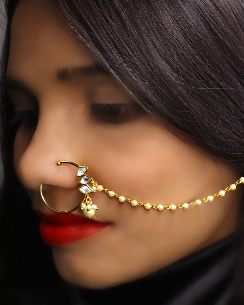 High Quality Gold Plated Tear Drop Design Kundan Stones With Pearl Chain Nose  Ring