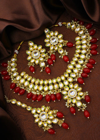 RED BEADS KUNDAN NECKLACE
