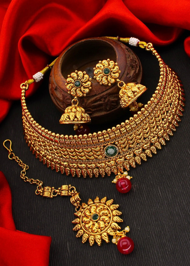 Statement Bridal Antique golden maroon choker necklace set at ₹3550 | Azilaa
