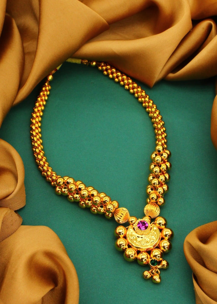 Traditional Wedding Ethnic Maharashtrian Thushi Necklace Set Kolhapuri Saaj  Gold Plated Thushi ( Choker ) Necklace Jewellery Set