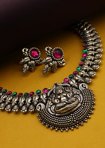 TEMPLE WITH PEACOCK OXIDISED NECKLACE