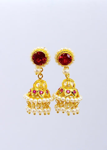 meenakari earrings with white moti and hot pink ruby