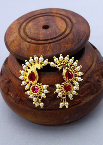 Red Moti & Stonework Chandbali Meenakari Earrings – Maharani
